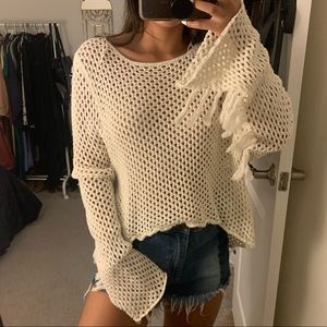Cream Oversized Fringe Crochet Top - Size S